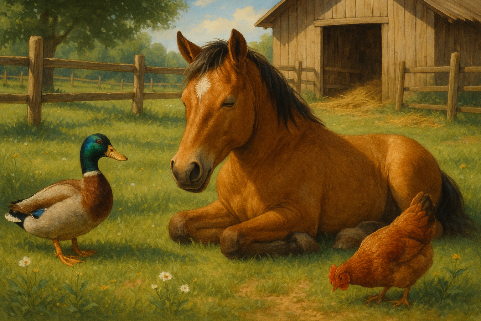 a horse laying down with a duck and a chicken