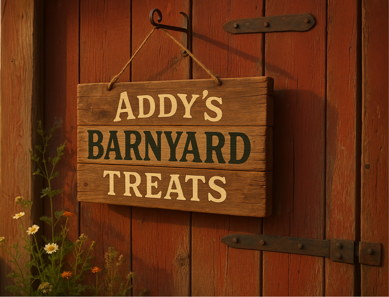 Addy's Barnyard Treats sign hanging on a barn door